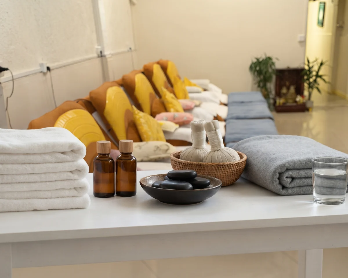 Clean folded towels, massage oils, hot stones and herbal compress balls